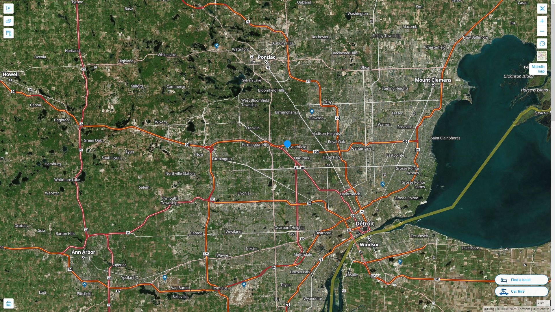 Southfield Michigan Highway and Road Map with Satellite View